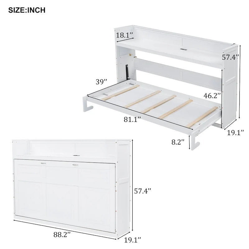Twin XL Size Murphy Bed with Desk & LED Light, Solid Wood Bed Frame with USB Charging Station, for Small Spaces and Home Offices