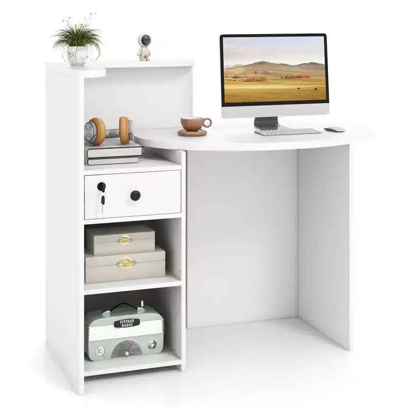 Costway Front Reception Counter Desk Checkout Office Desk with Open Shelf & Lockable Drawer White/Brown/Black