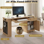 GDFStudio Haoran 55'' Modern Fluted Office Desk with Power Outlet, Keyboard Tray, Door and Drawers