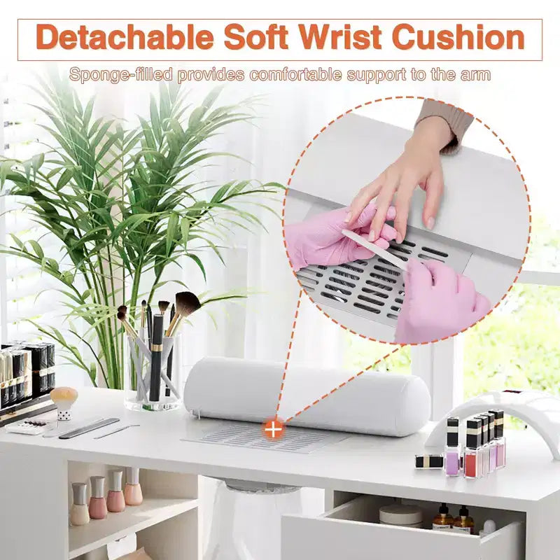 GustoWave 108 cm manicuretafel nagelstation met polssteun en stofafzuiging, nageltafel met verticale uittrekbare kast, wit