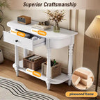 Retro Narrow Console Table with Curved Corner, Top Drawer & Open Shelf