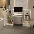 Famapy White Reception Desk Counter Table with Glass Display Shelves and LED