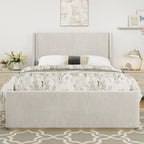 Gestoffeerd bed met ribfluwelen frame, wingback hoofdeinde en hoog voeteneinde (Queen/King size)