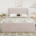 Gestoffeerd bed met ribfluwelen frame, wingback hoofdeinde en hoog voeteneinde (Queen/King size)