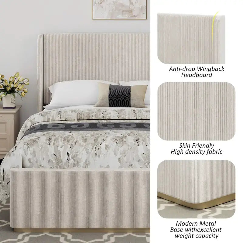 Gestoffeerd bed met ribfluwelen frame, wingback hoofdeinde en hoog voeteneinde (Queen/King size)