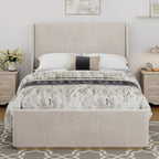 Gestoffeerd bed met ribfluwelen frame, wingback hoofdeinde en hoog voeteneinde (Queen/King size)