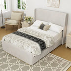 Gestoffeerd bed met ribfluwelen frame, wingback hoofdeinde en hoog voeteneinde (Queen/King size)