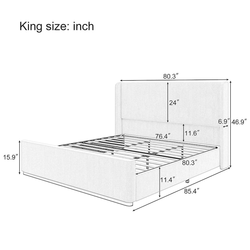 Gestoffeerd bed met ribfluwelen frame, wingback hoofdeinde en hoog voeteneinde (Queen/King size)