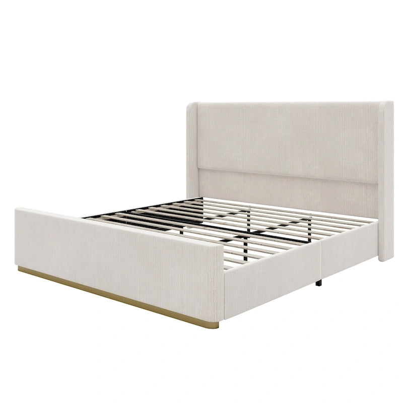 Gestoffeerd bed met ribfluwelen frame, wingback hoofdeinde en hoog voeteneinde (Queen/King size)