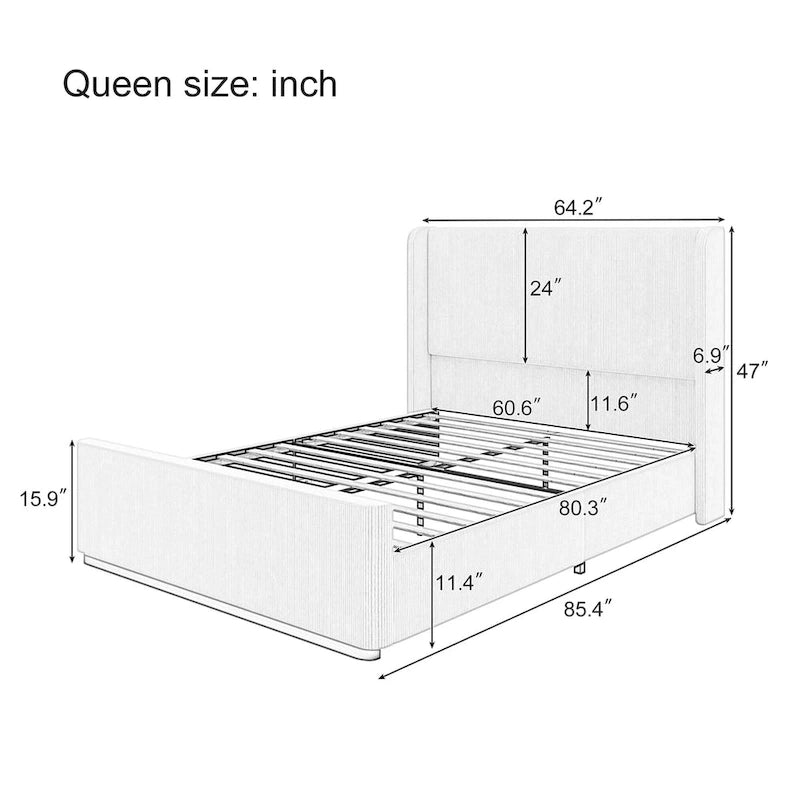 Gestoffeerd bed met ribfluwelen frame, wingback hoofdeinde en hoog voeteneinde (Queen/King size)