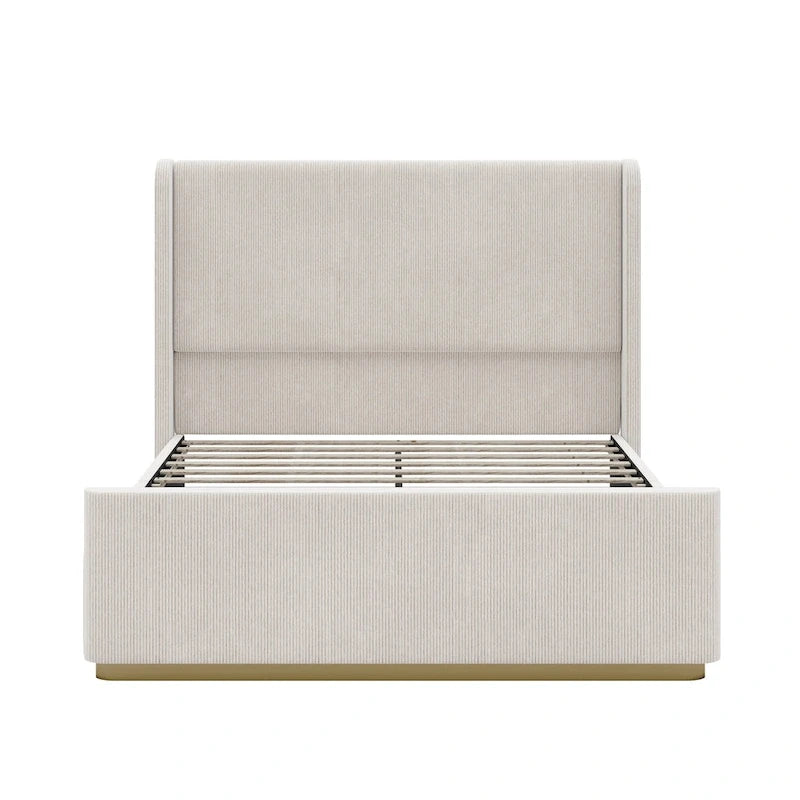 Gestoffeerd bed met ribfluwelen frame, wingback hoofdeinde en hoog voeteneinde (Queen/King size)