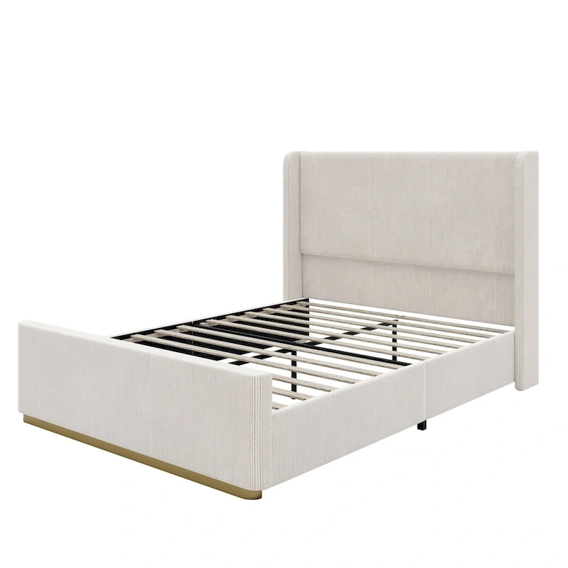 Gestoffeerd bed met ribfluwelen frame, wingback hoofdeinde en hoog voeteneinde (Queen/King size)