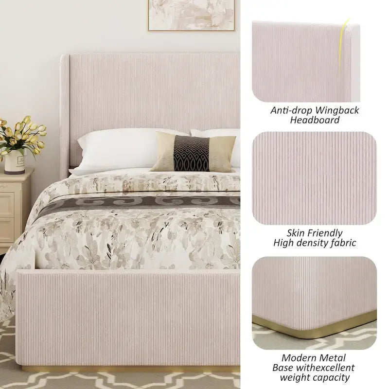 Gestoffeerd bed met ribfluwelen frame, wingback hoofdeinde en hoog voeteneinde (Queen/King size)