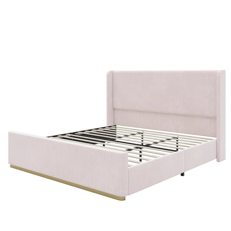 Gestoffeerd bed met ribfluwelen frame, wingback hoofdeinde en hoog voeteneinde (Queen/King size)