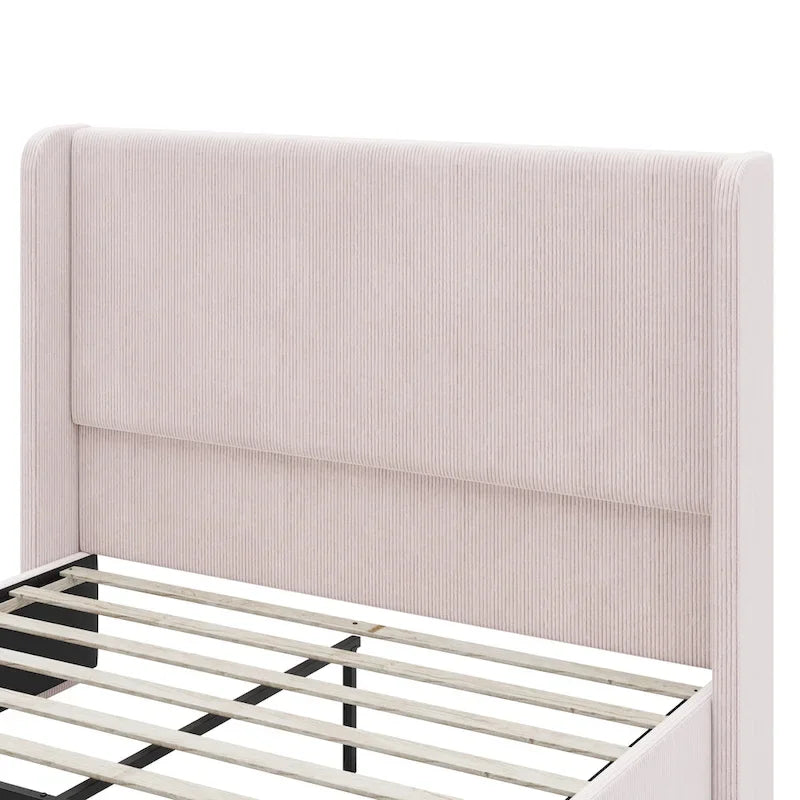 Gestoffeerd bed met ribfluwelen frame, wingback hoofdeinde en hoog voeteneinde (Queen/King size)