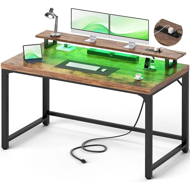 55-inch computerbureau met stopcontacten en ledlichtstrip