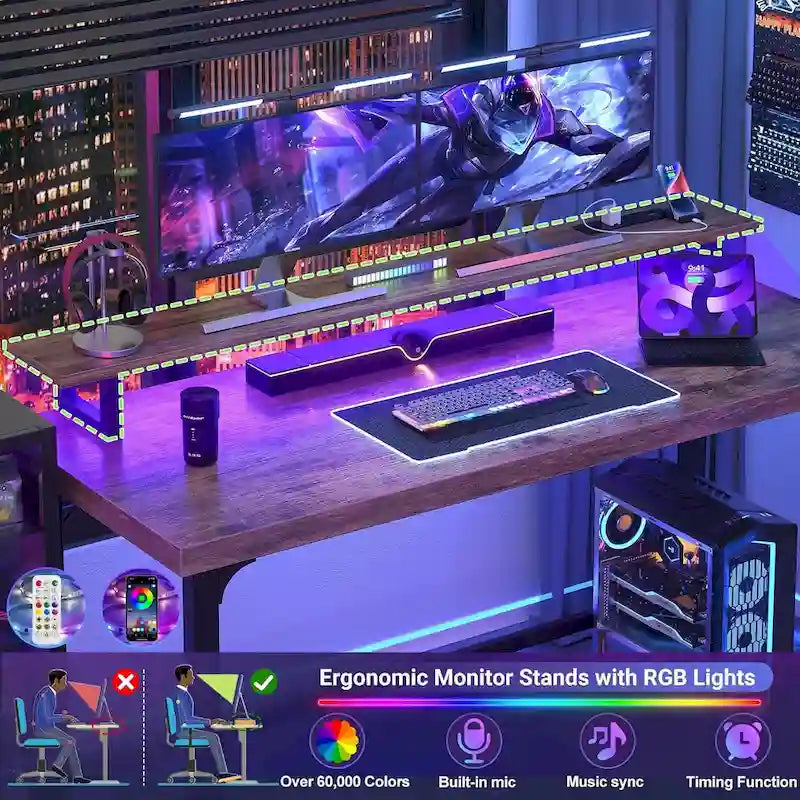 55-inch computerbureau met stopcontacten en ledlichtstrip