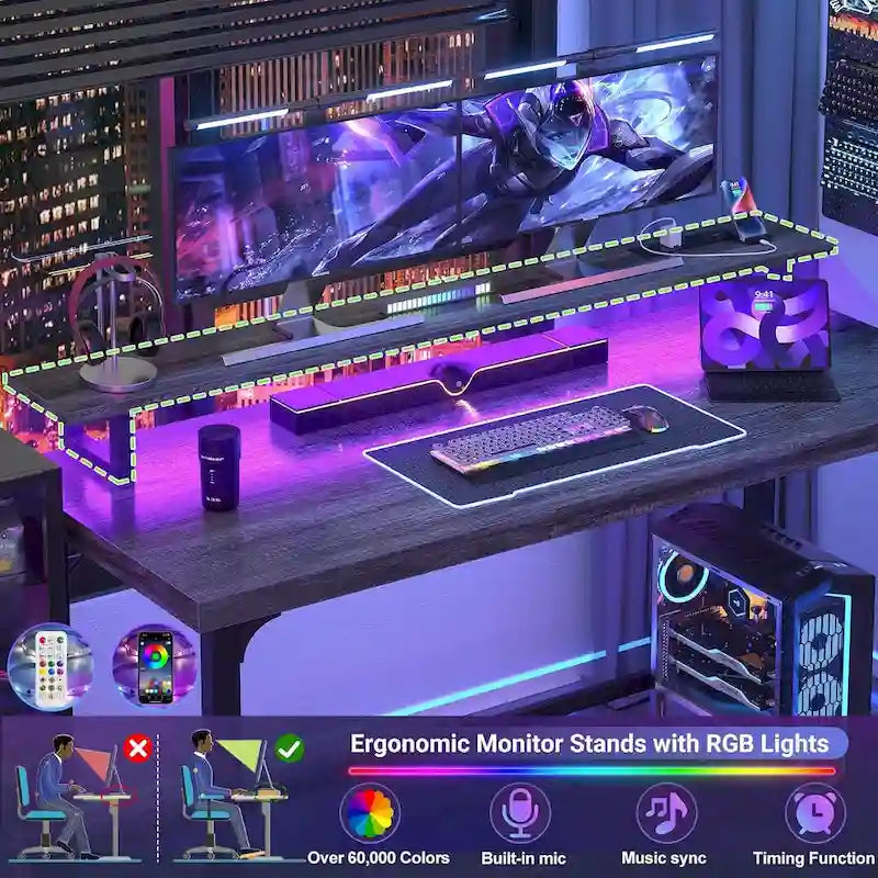 55-inch computerbureau met stopcontacten en ledlichtstrip