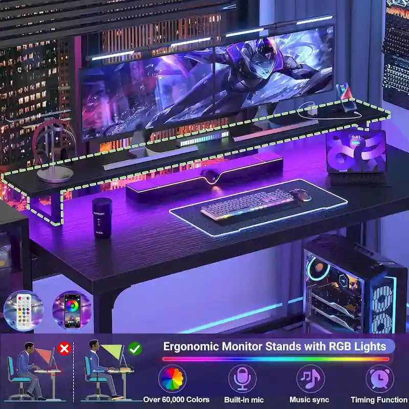 55-inch computerbureau met stopcontacten en ledlichtstrip