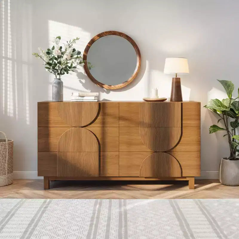 Moderne geometrische ladekast met 6 lades, brede opbergkast met halve cirkelaccenten voor slaapkamer en woonkamer