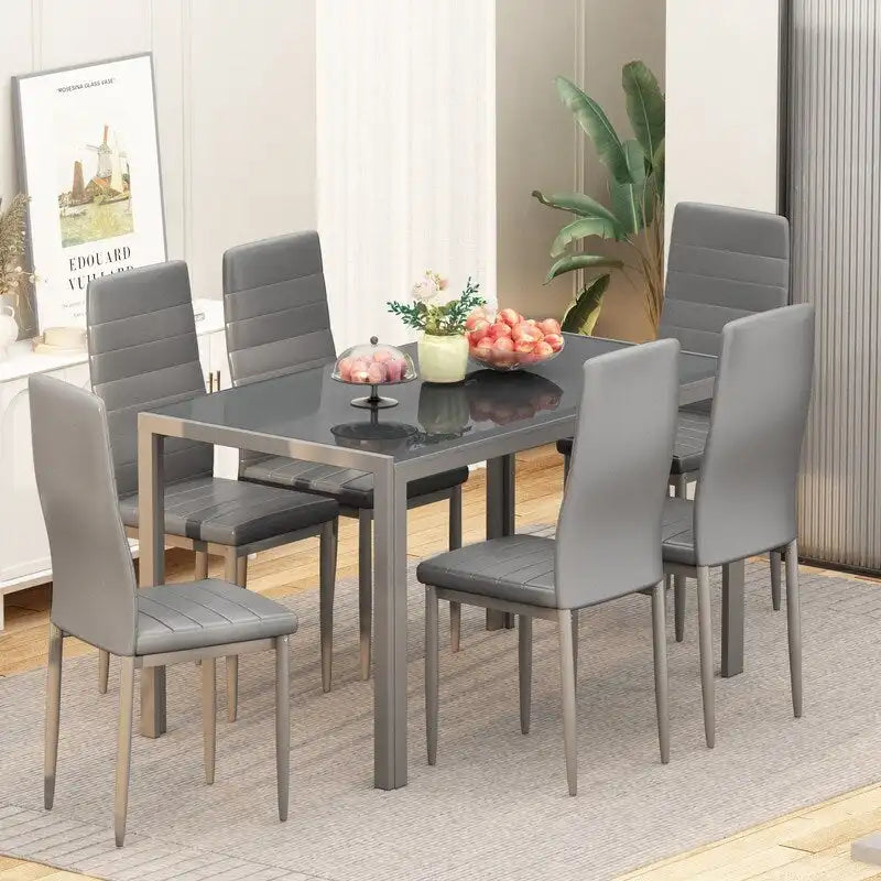 Grondin moderne 7-delige eetkamerset met tafelblad van gehard glas en 6 met PU-leer beklede stoelen