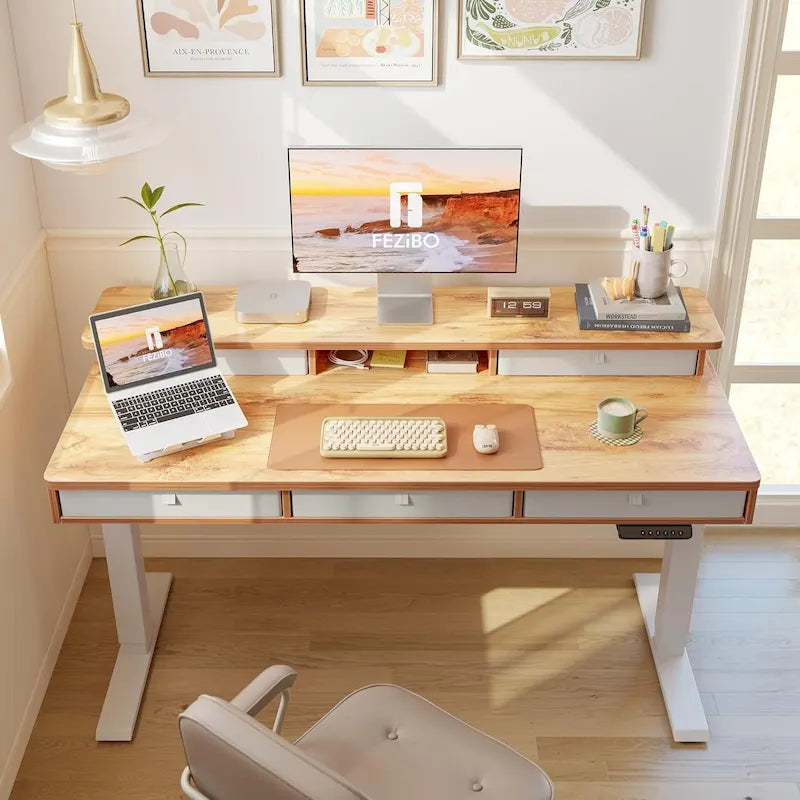 FEZIBO Height Adjustable Electric Standing Desk with 5 Drawers, Table with Storage Shelf, Sit Stand Desk