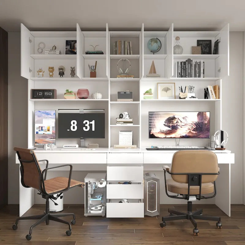 Modern werkstation voor twee personen, ruime witte gaming- en bureaustoel