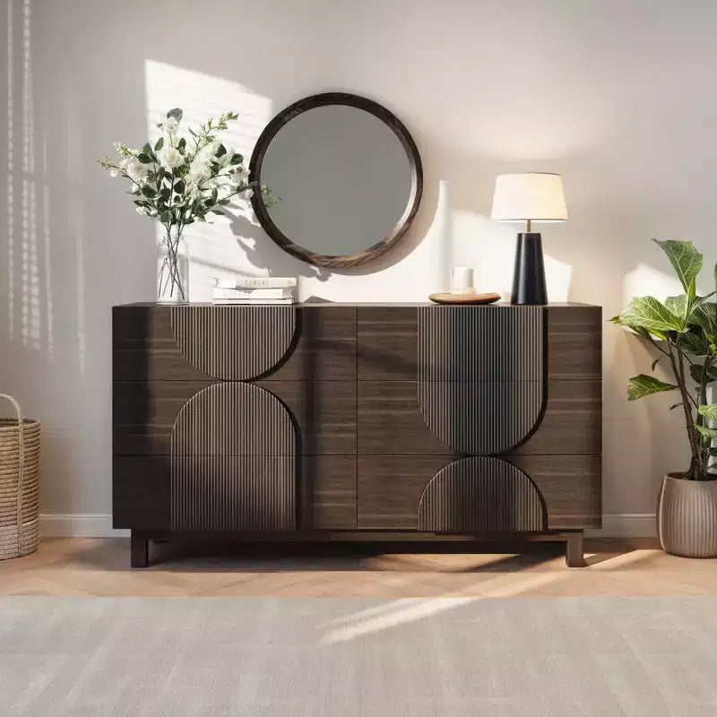 Moderne geometrische ladekast met 6 lades, brede opbergkast met halve cirkelaccenten voor slaapkamer en woonkamer