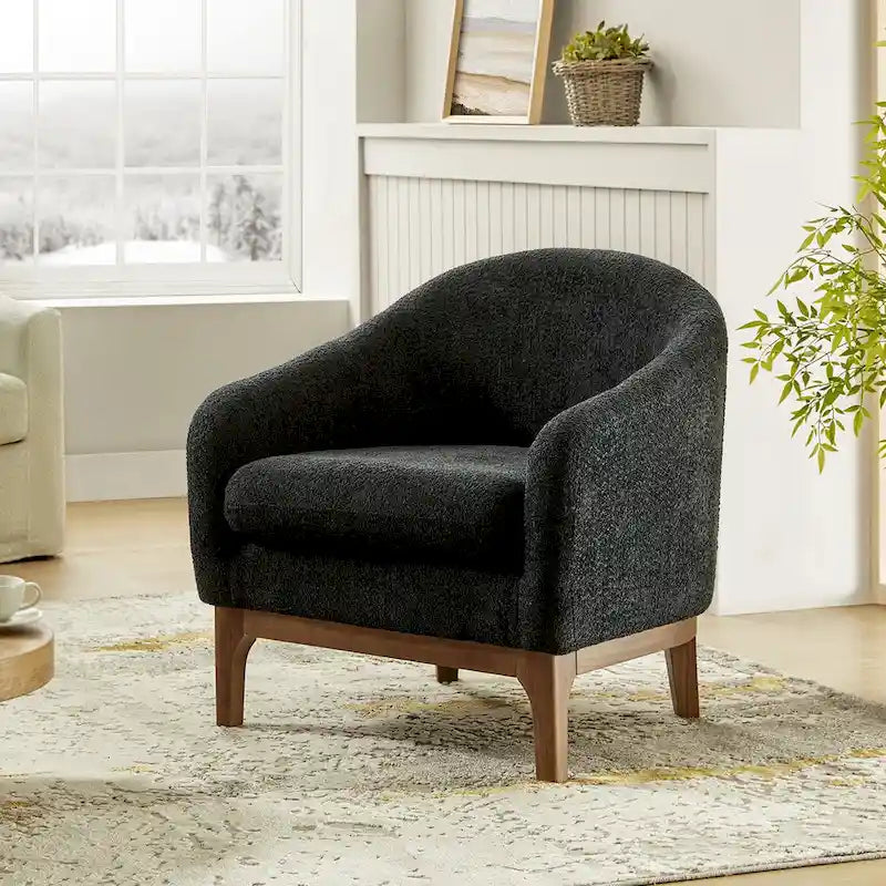 Augus moderne bouclé accent fauteuil in tonneauvorm met poten van massief hout van HULALA HOME