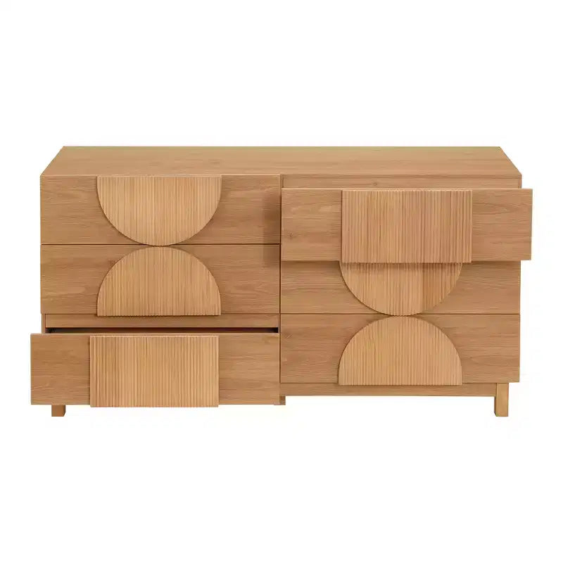 Moderne geometrische ladekast met 6 lades, brede opbergkast met halve cirkelaccenten voor slaapkamer en woonkamer