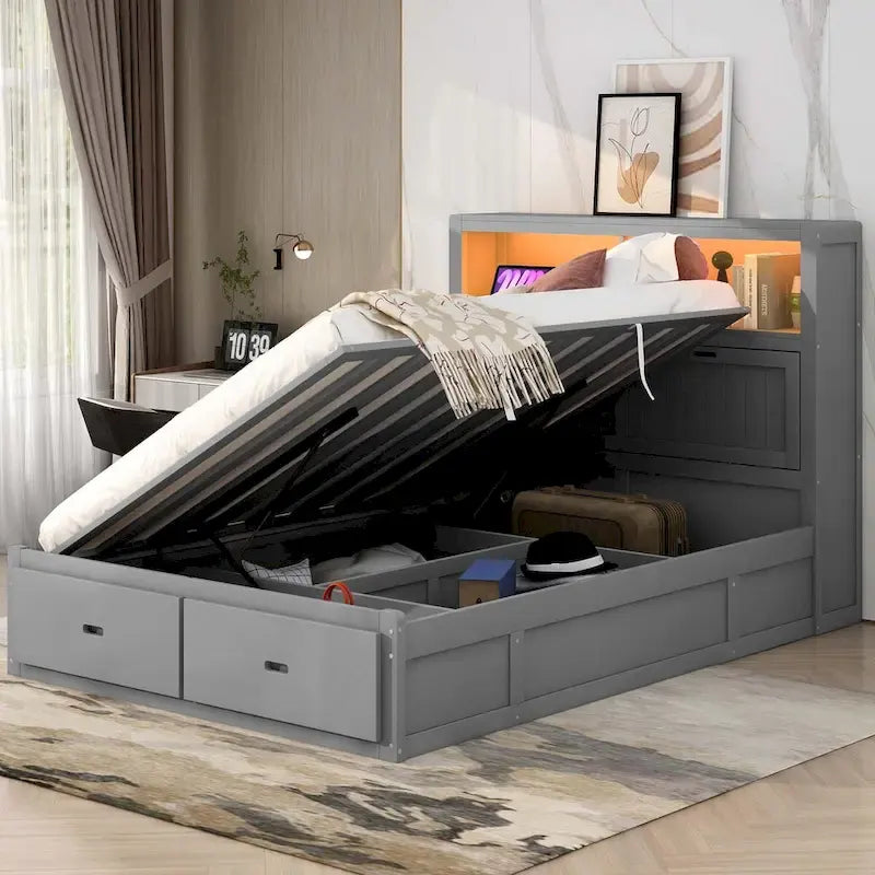 Wood Queen Size Hydraulic Platform Bed with Storage LED Headboard