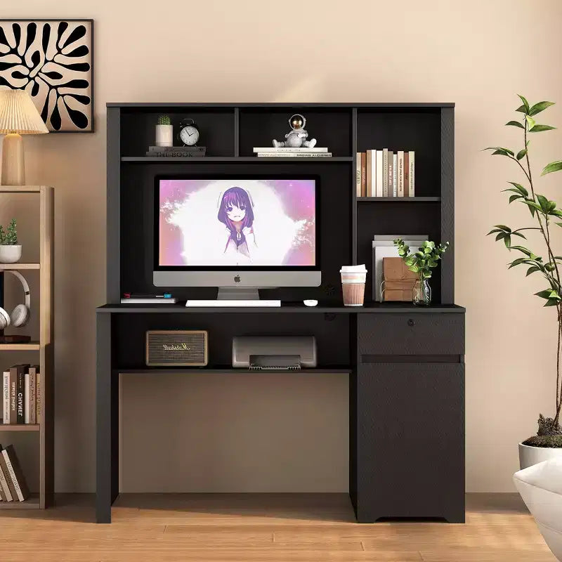 51,18 inch modern computerbureau met opzetstuk en boekenplank, bureau met veel opbergruimte, schrijftafel voor studeerkamer, leeskamer