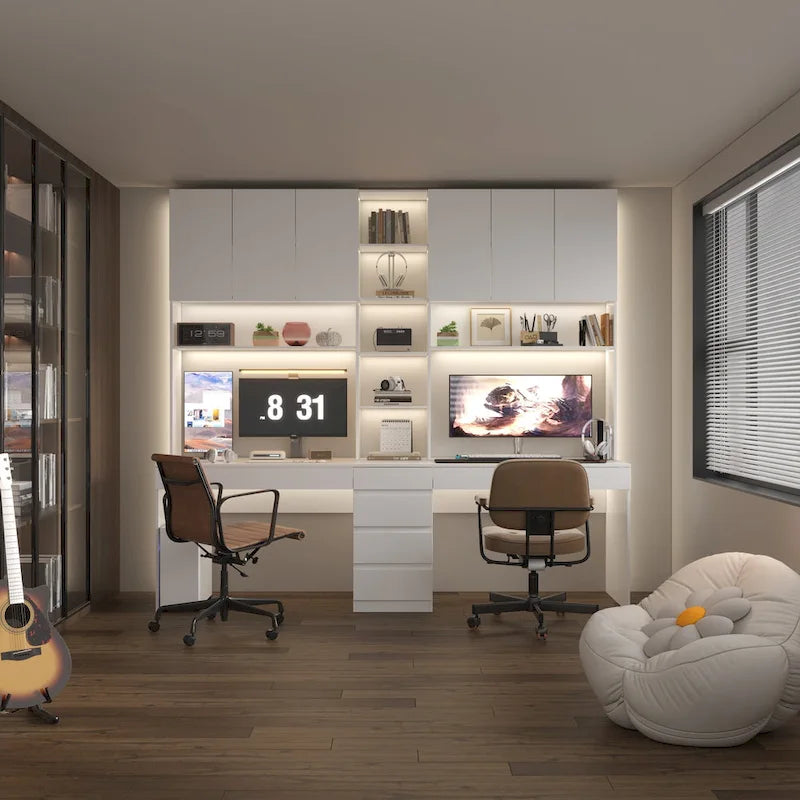 Modern werkstation voor twee personen, ruime witte gaming- en bureaustoel