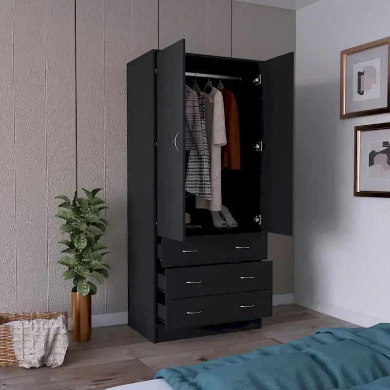 19 Moderne kledingkast met dubbele deur, 3 lades en 1 roede voor de slaapkamer