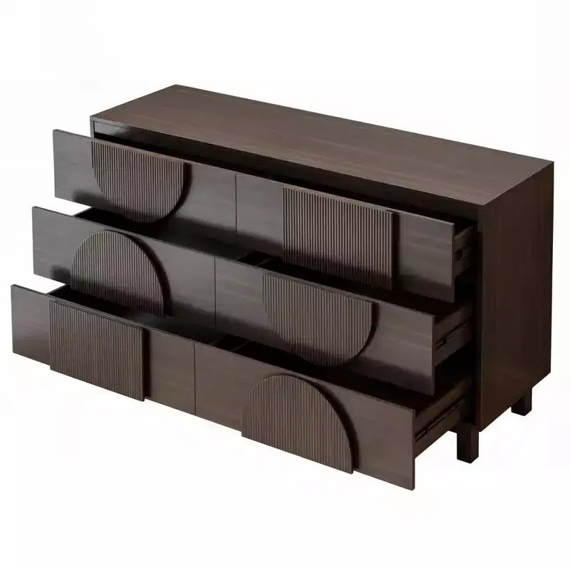 Moderne geometrische ladekast met 6 lades, brede opbergkast met halve cirkelaccenten voor slaapkamer en woonkamer