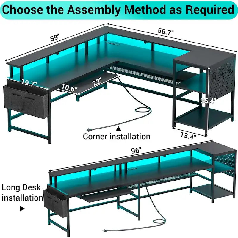 L Shaped Computer Desk Gaming Desk Keyboard Tray Power Outlets & LED