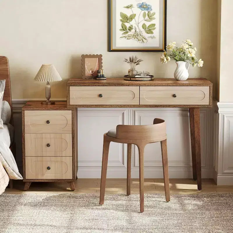 Lantine bureau van 99 cm met 5 lades en uitschuifbare kast, klein uitbreidbaar computertafel en kaptafel voor kleine ruimtes, bruin