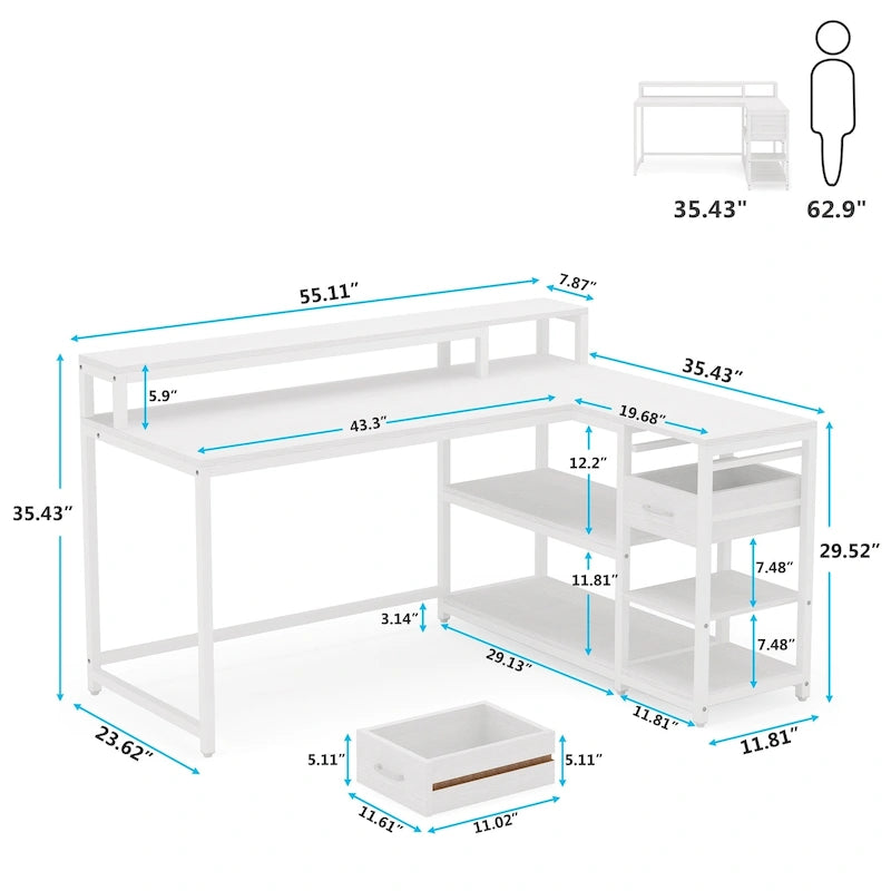 L-vormig bureau met lade, hoekbureau voor thuiswerkplek met opbergplanken en monitorstandaard, rustiek pc-bureau voor kleine ruimtes