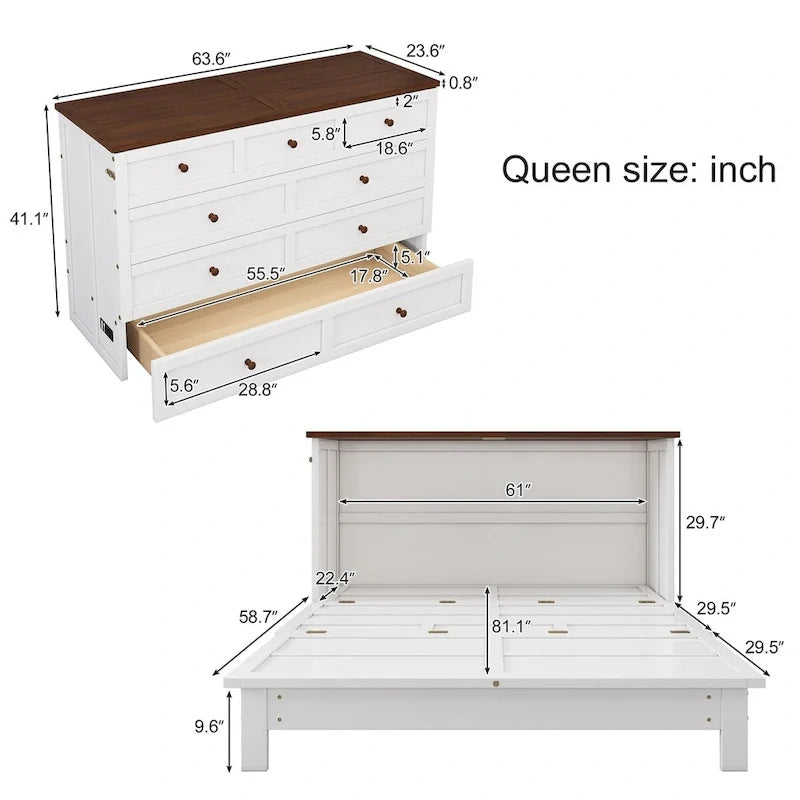 Solid Pine Murphy Bed Chest with Charging Station and Large Storage Drawer