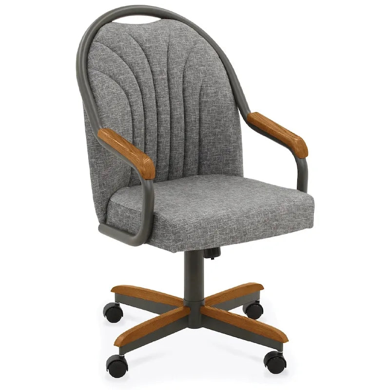 Chromcraft Douglas eetkamerstoelen met wieltjes in kastanjebruin, grijze afwerking (set van 2)