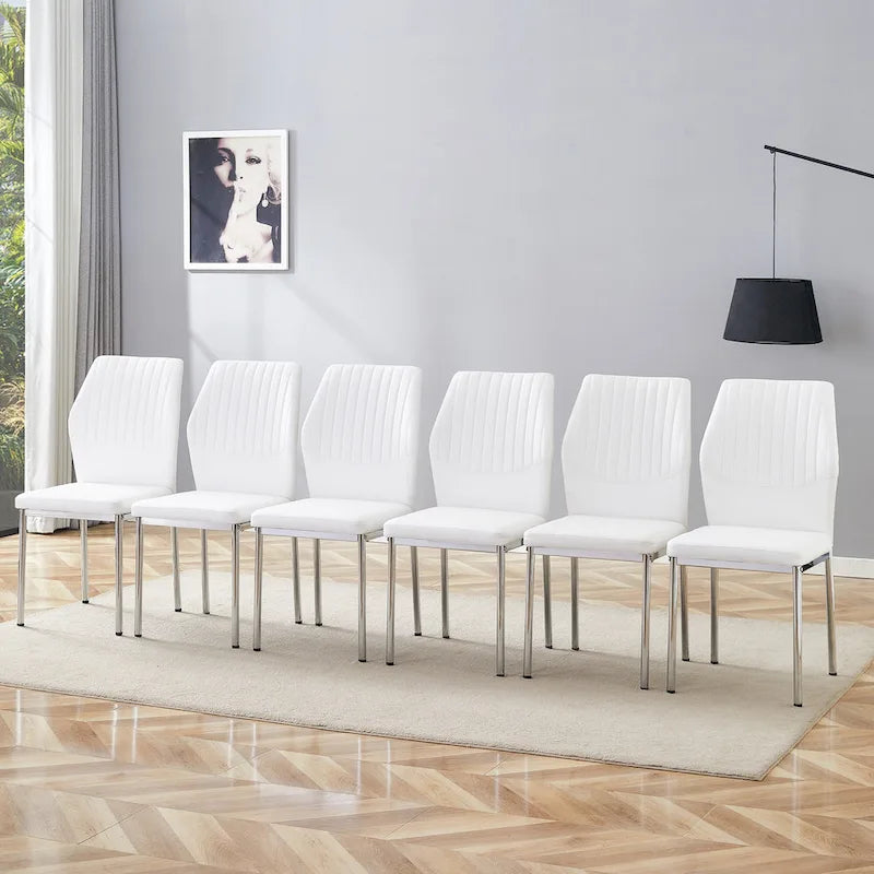 Luxe eenvoudige stoelset van 6 PU-eetkamerstoelen met hoge veerkracht, zilverkleurige metalen poten, keukenstoelen zonder armleuningen