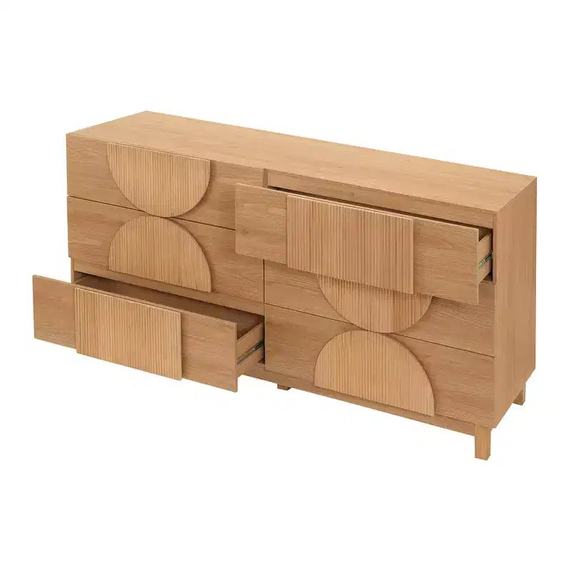 Moderne geometrische ladekast met 6 lades, brede opbergkast met halve cirkelaccenten voor slaapkamer en woonkamer