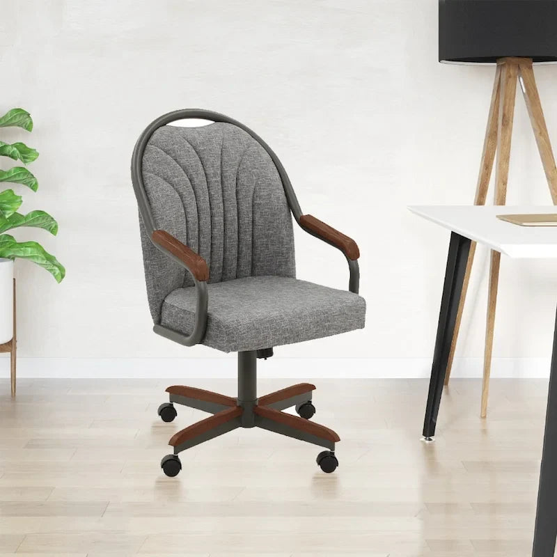 Chromcraft Douglas eetkamerstoelen met wieltjes in kastanjebruin, grijze afwerking (set van 2)