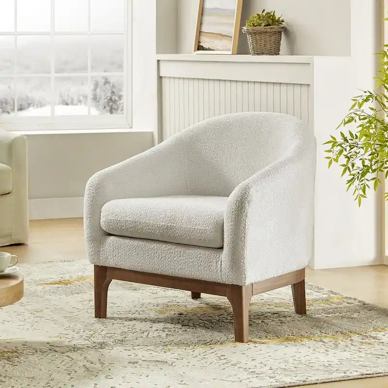 Augus moderne bouclé accent fauteuil in tonneauvorm met poten van massief hout van HULALA HOME