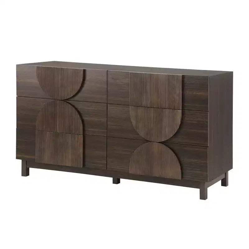 Moderne geometrische ladekast met 6 lades, brede opbergkast met halve cirkelaccenten voor slaapkamer en woonkamer