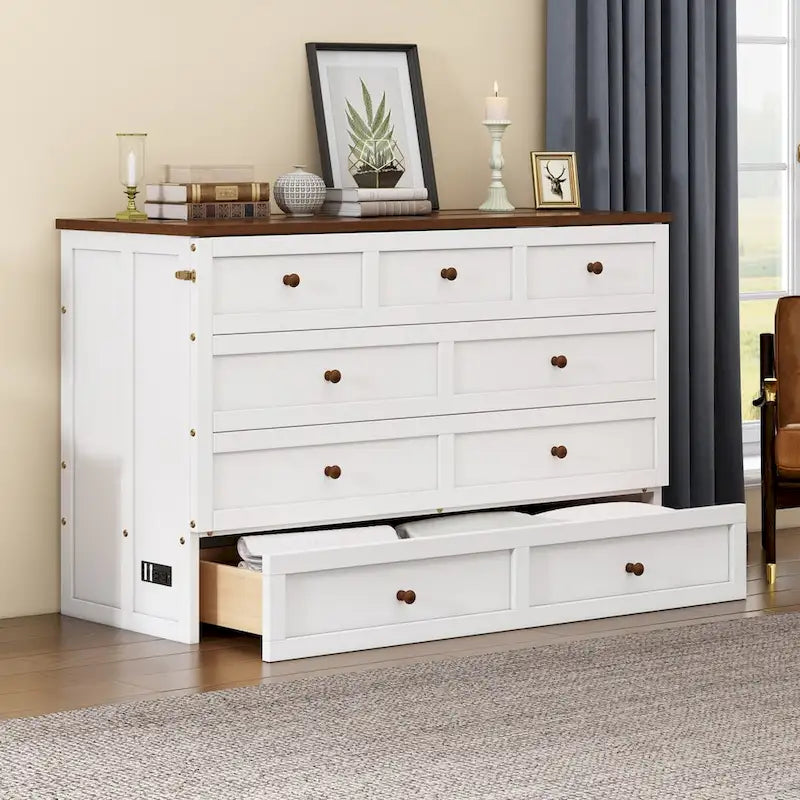 Solid Pine Murphy Bed Chest with Charging Station and Large Storage Drawer