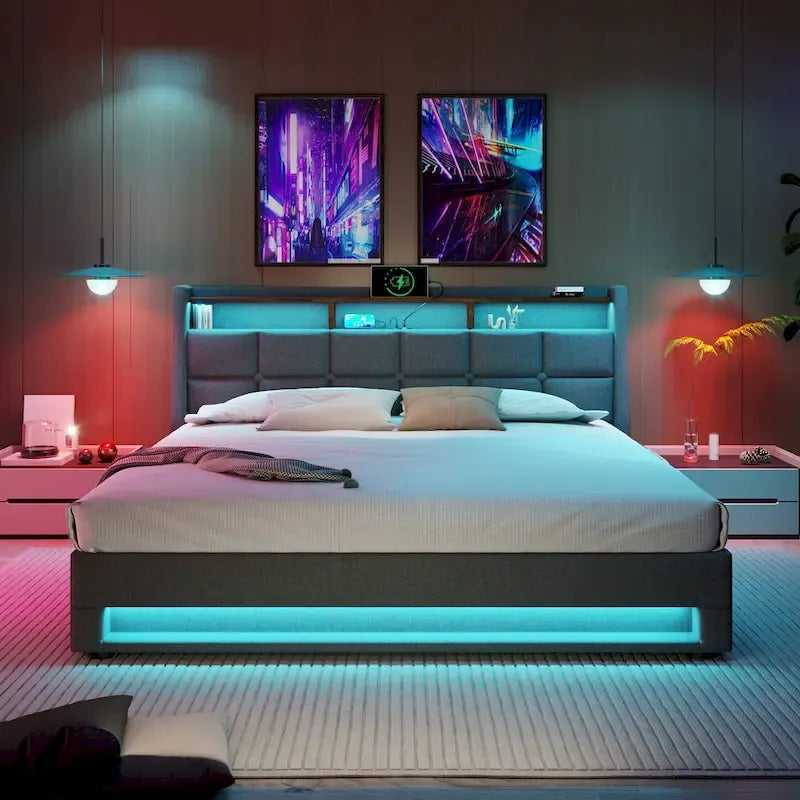 Grey Full Size Upholstered Platform Bed with Hydraulic Storage, LED, and USB Charging