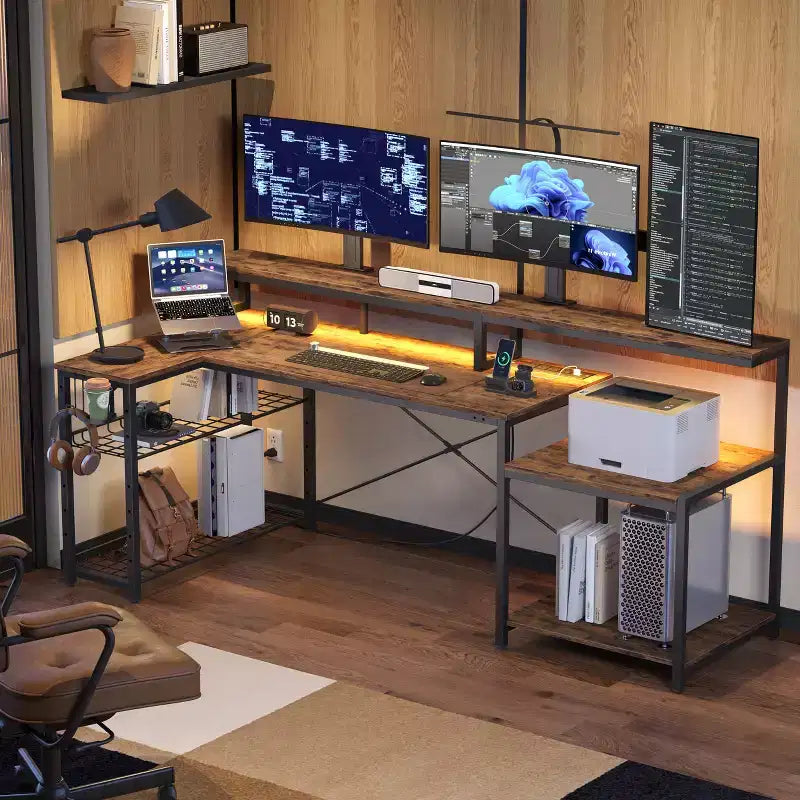 Bestier 71.5 LED Gaming Desk with Power Outlet, L-Shaped Computer Desk with Monitor Stand