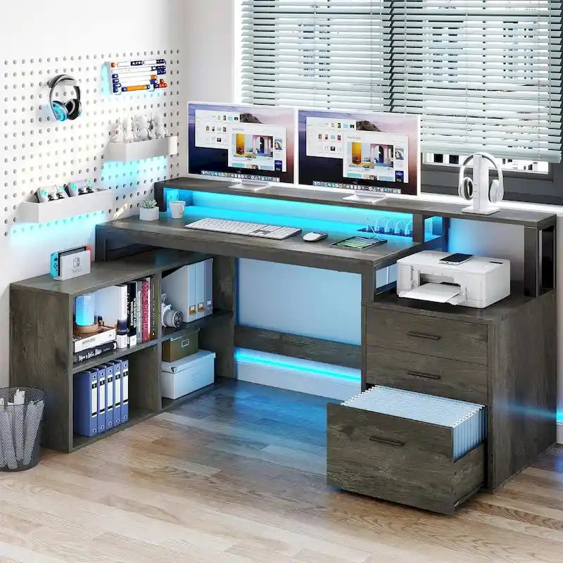 65 L-Shaped Corner Desk with RGB LED, Monitor Stand & Storage Cabinet ï¿?1-Person | White / Oak / Charcoal Grey / Black