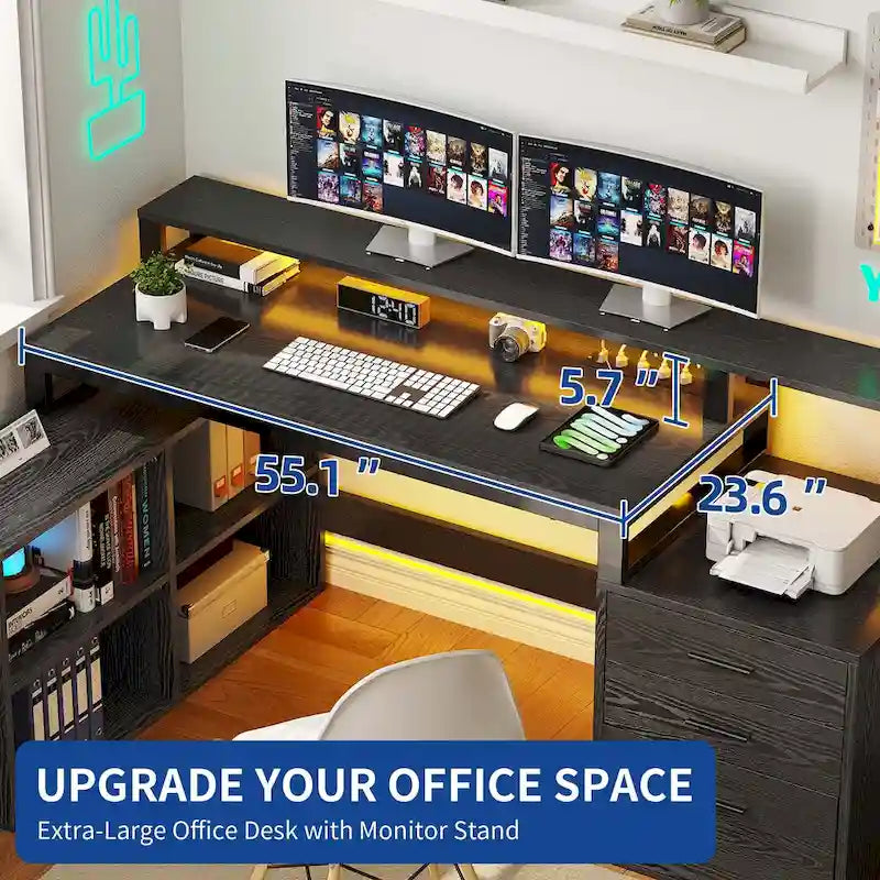 65 L-Shaped Corner Desk with RGB LED, Monitor Stand & Storage Cabinet ï¿?1-Person | White / Oak / Charcoal Grey / Black
